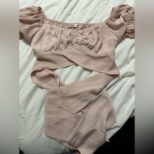 Baby Pink Cropped Wrap Tie Blouse